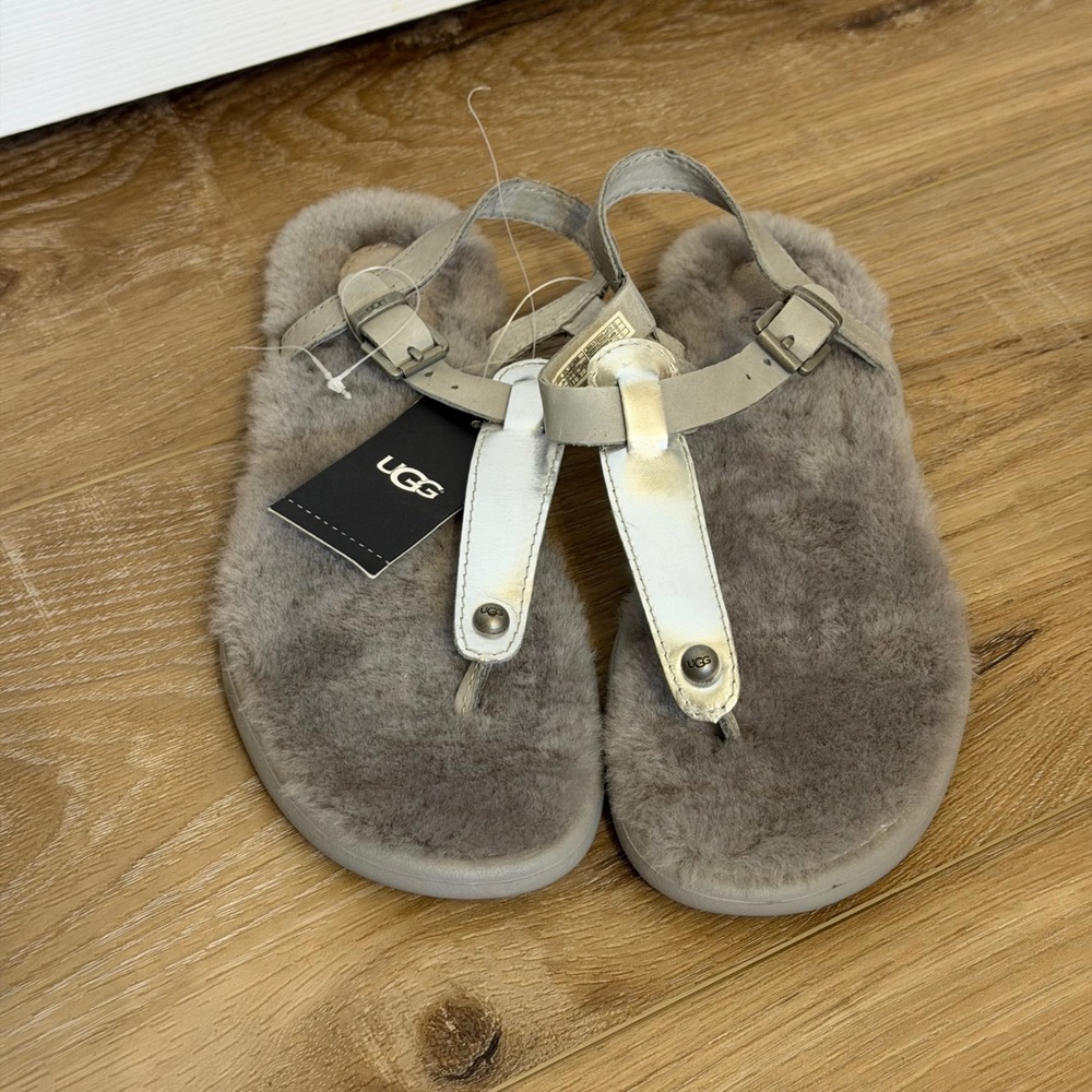 UGG Lou Lou Fur Sandals Size 8 Gray Shearling Slingback Thong Sandals Y2K